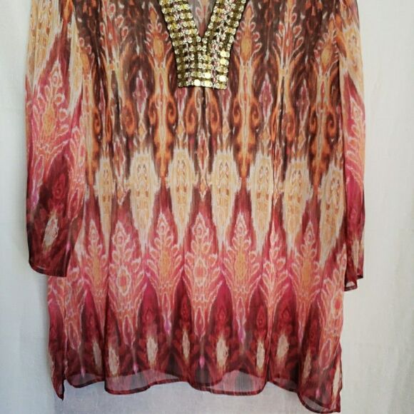 Chico's Chiffon Sequin Collar 3/4 Sleeve Sheer Blouse Orange Geo Women's 3 (XL) - Picture 3 of 8